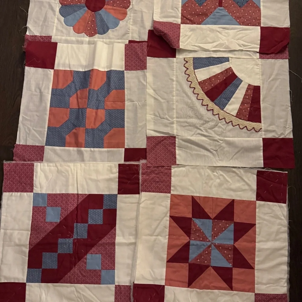 Handmade Quilt Top Panels 12 Vintage Patchwork Red White Blue Cotton